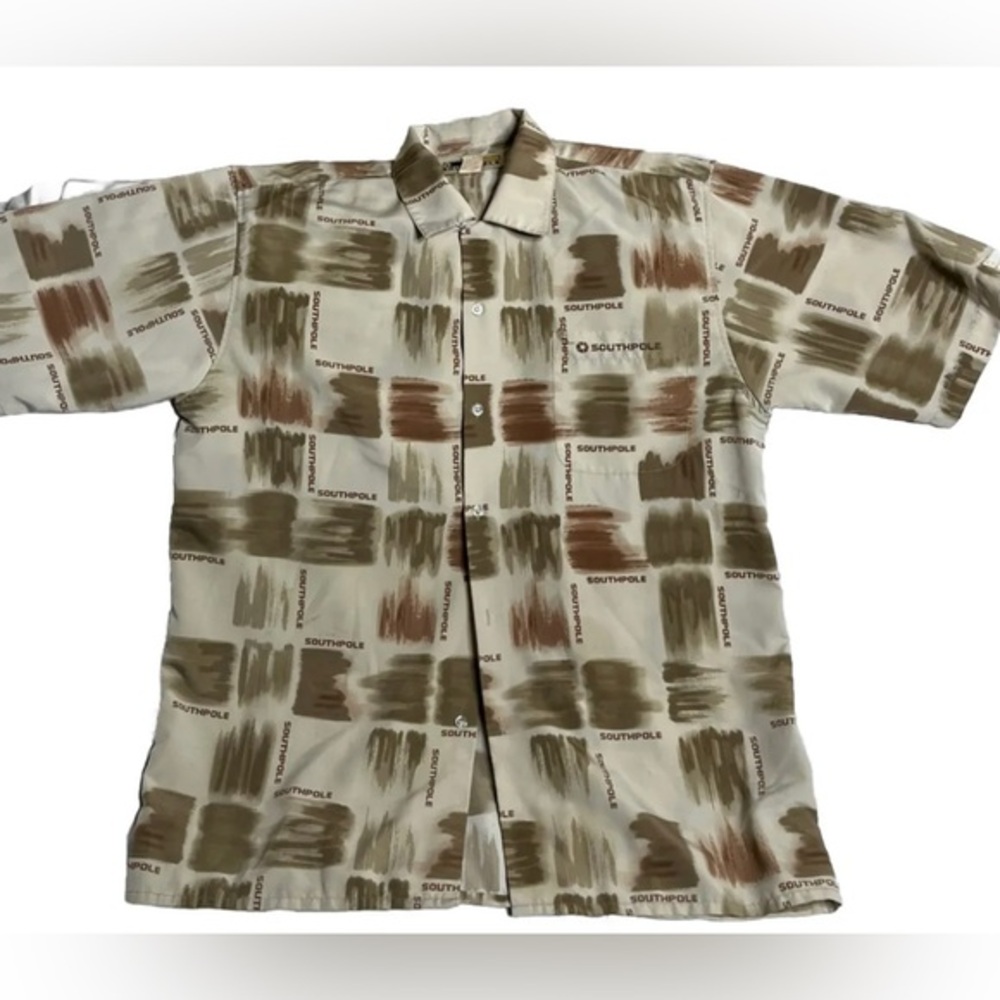 Southpole Button Up Shirt L Brown All Over Print Polyester